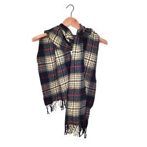 Vintage Gap Scarf Pure Wool Plaid Italian Cozy Fringe Y2K 90s Navy Blue Red